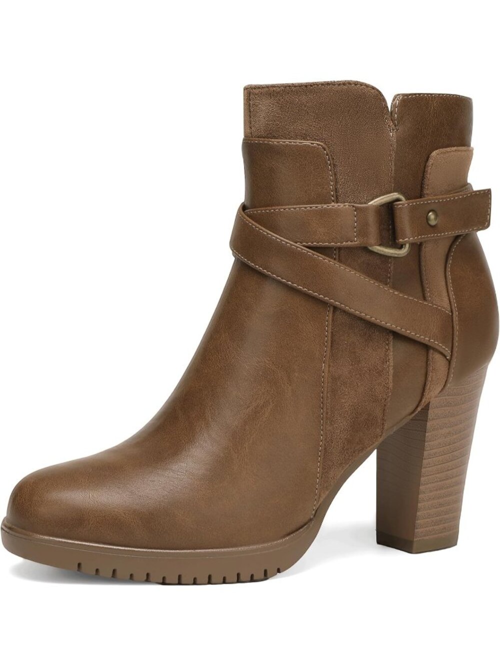 Women's Tan Round Toe Side Zipper Buckle Strap Chunky Stacked Heel Ankle Boots